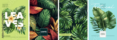 Hand drawn set of designs and patterns. Vectorized gouache illustrations. Illustrations of tropical leaves with flowers for poster, prints, menu, card or textile