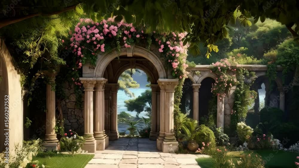 Arched Stone Walkway with Flowers in a Lush Garden, Featuring Column Architecture and Abundant Greenery, creating a serene peaceful scene Arched Stone Walkway with Flowers in a Lush Garden, Featuring Column Architecture and Abundant Greenery, creating a serene peaceful scene