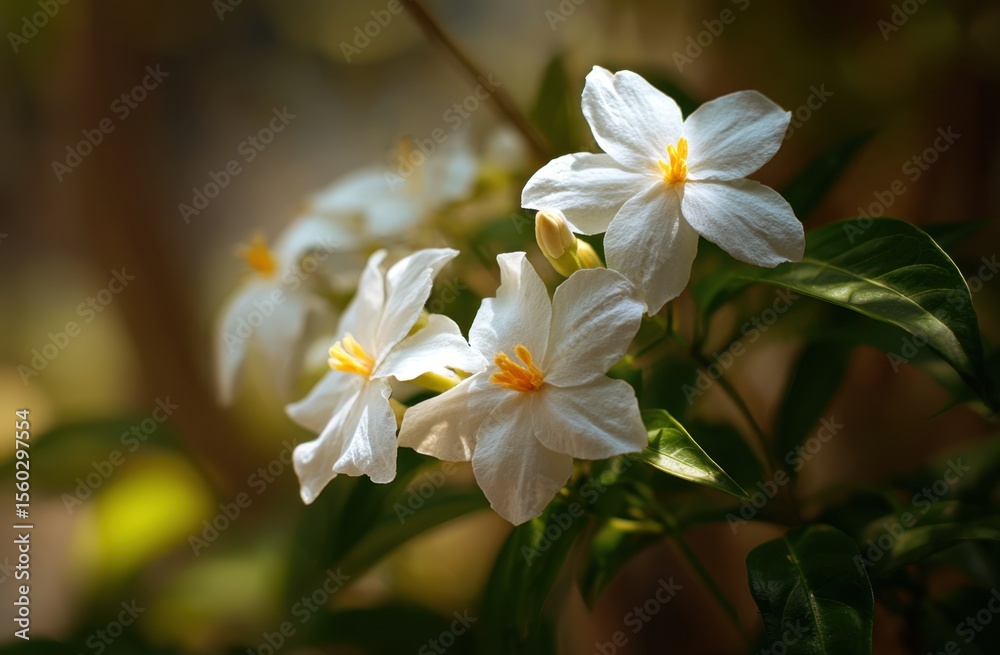 Sunlit White Flowers Bloom in Shadowy Garden, Delicate Petals Glowing. Sunlit White Flowers Bloom in Shadowy Garden, Delicate Petals Glowing.