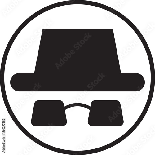 Spyware icon spy with hat symbol in trendy black flat style. Hide vector. Comedian pictogram. Incognito mood illustration private silhouette sign isolated on transparent background.