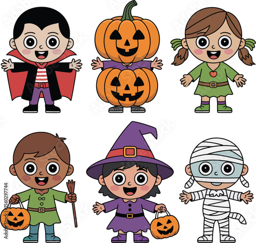 Cute cartoon children dressed as vampire pumpkin witch mummy and other halloween characters