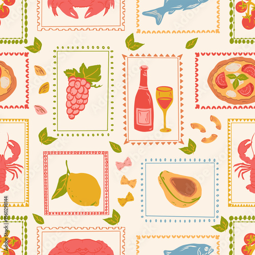 Summer mediterranean doodle stamps seamless pattern.  Hand drawn pizza, lemon, tomato, fish, crab, lobster, wine, avocado, grapes. Retro background for wallpaper, fabric, wrapping paper.