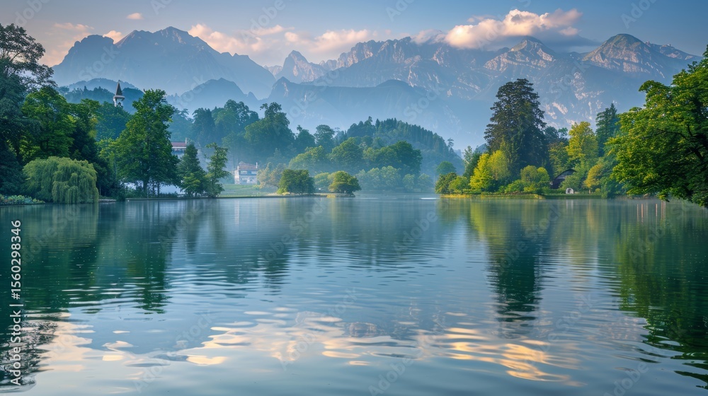Obraz premium Serene sunrise over tranquil river with mist floating above majestic mountain peaks