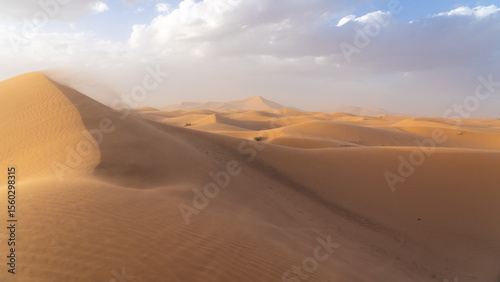 Strong wind blowing the loose sand in the Sahara Desert, Morocco, Africa.