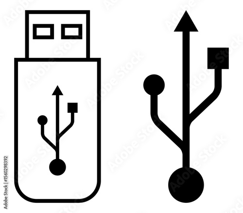 USB flash drive icon with USB symbol. Simple outline style suitable for tech, hardware, storage, or connectivity themes. Ideal for digital design and interface use.
