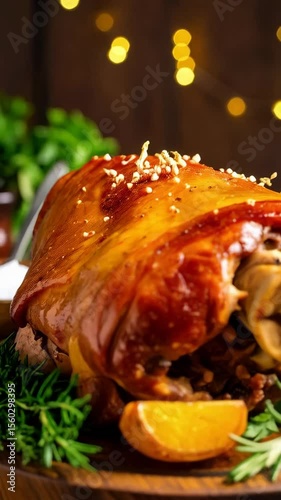 Roasted pork knuckle on wooden board garnished with orange slice, herbs, and spices in warm lighting