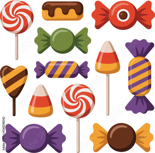 Collection of colorful halloween candies and lollipops