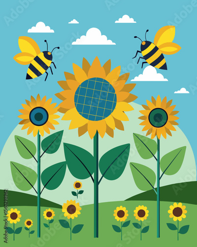 A sunflower field serves a dual purpose on this farm not only does it attract pollinators but the sunflowers also power the farms solar panels.. Vector illustration