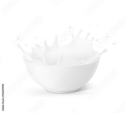 Bowl with milk splashes and drops. Vector illustration isolated on white background. Ready for your design. EPS10.