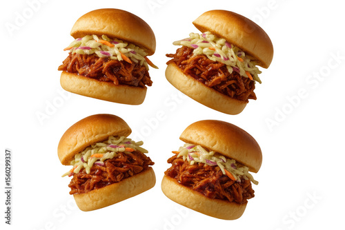 Four delicious pulled pork sliders with coleslaw, isolated on transparent background.