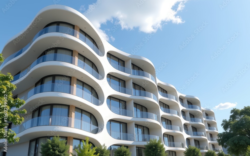 Fototapeta premium Modern apartment building exterior concept. Modern building with unique curved architecture under a bright blue sky.