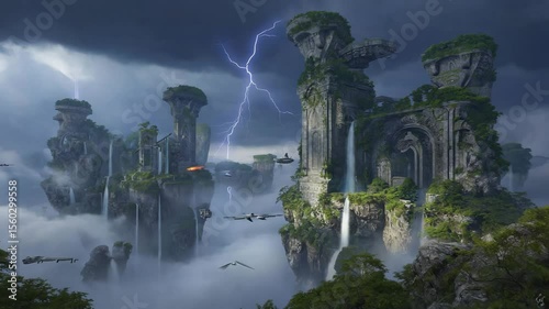 A mystical landscape with towering rock formations, waterfalls, and dark stormy skies. Lightning strikes illuminate the scene, creating a dramatic atmosphere.