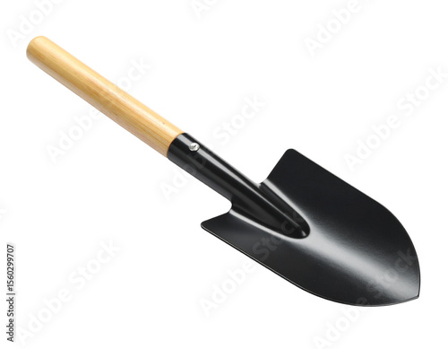 A metal shovel with a black handle, isolated on a white background, a fundamental tool for gardening, construction, or digging.