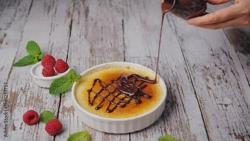 A person with light skin and short hair pours chocolate sauce over a creamy dessert in a white dish. Fresh raspberries and mint leaves are nearby.