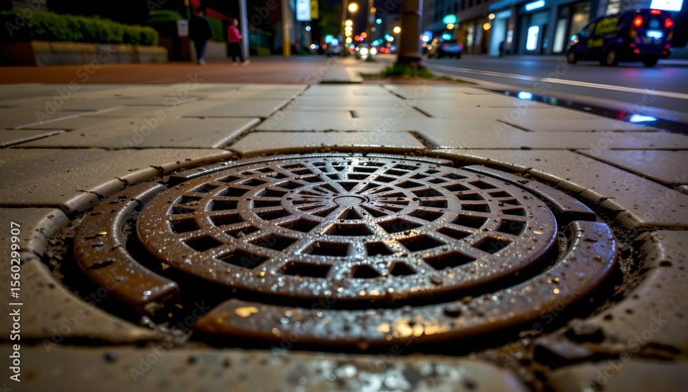 the image shows a close up view of an urban street corner at night, the primary focus is a metal manhole cover with a circular grate pattern the image shows a close up view of an urban street corner at night, the primary focus is a metal manhole cover with a circular grate pattern