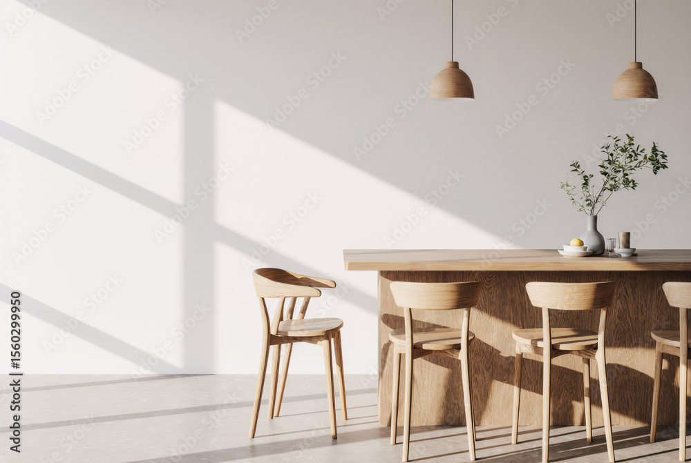 Fototapeta premium A dining room with a breakfast bar and chairs in light wood finishes