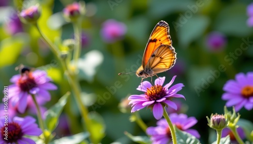 the image features a butterfly perched on a purple flower, the butterfly is brightly colored with orange wings and dark spots along its wings and body, it appears to be at rest