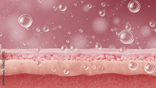 Hydrated skin layers with water bubbles showing moisture absorption and soft texture in close up macro cross section illustration detailed view