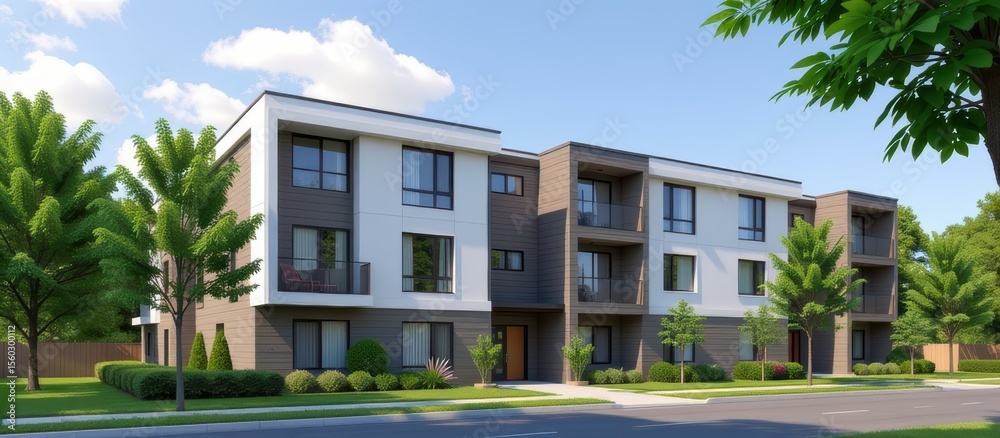 Fototapeta premium Modern apartment building exterior concept. Modern apartment complex surrounded by trees and blue skies.
