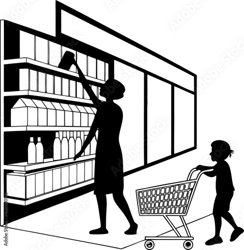 Silhouette of Mother and Child Shopping in Store