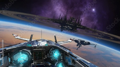 A futuristic spacecraft cockpit with glowing controls, overlooking a distant space station and a vibrant nebula in the background. The scene captures advanced technology in space exploration.