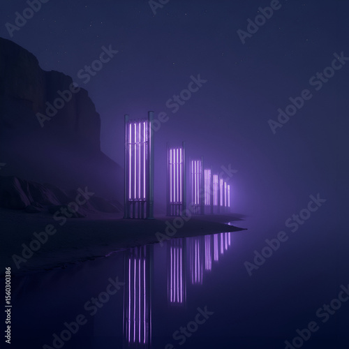 Serene Pillars Reflecting in Misty Water
