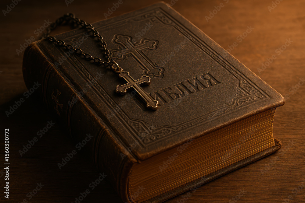 Fototapeta premium Orthodox christian bible with metal cross necklace on wooden table illuminated by warm light symbolizing faith and tradition