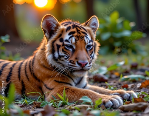 in the image, a young tiger is captured in a moment of tranquility, the tiger, with its distinctive orange fur adorned with dark stripes
