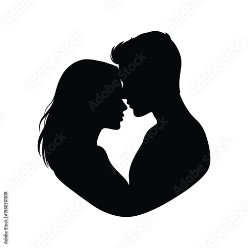 Black vector silhouette of a loving couple kissing, showcasing their profiles in a romantic illustration