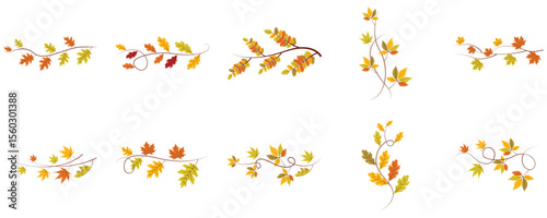 Set of autumn themed floral elements vector, autumn leaf bunting courner