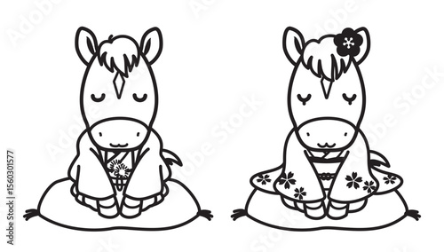 和服を着たかわいい馬の夫婦のイラスト、午年の年賀状素材（モノクロ線画）