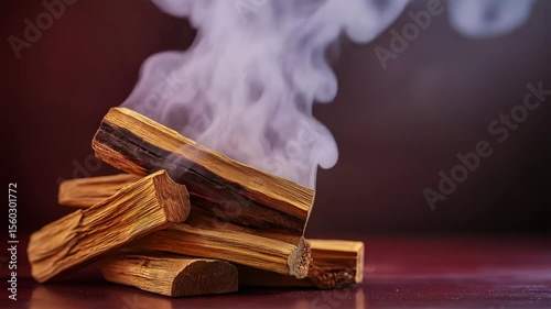 Burning wood logs with smoke rising, creating a warm and cozy atmosphere. Ideal for winter or camping themes.