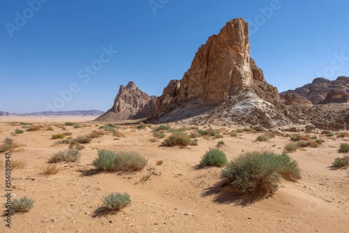 Majestic towering sandstone rock formations rise from a vast arid desert landscape under a clear blue sky