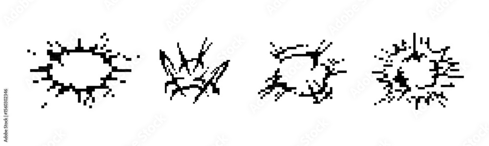 Fototapeta premium Collection of pixel art icons explosion shapes with distinct cracked edges.