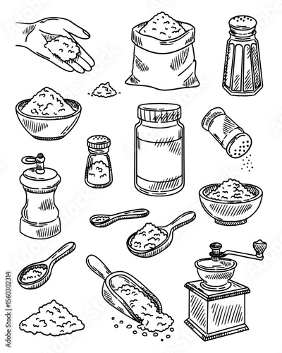 Set of sea salt, table salt. Cooking, salting. salt mill, salt shaker, bag. Vector illustration