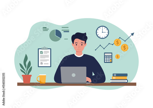 Cartoon vector illustration of a businessman working on his laptop at an office desk, representing concepts of technology and internet business
