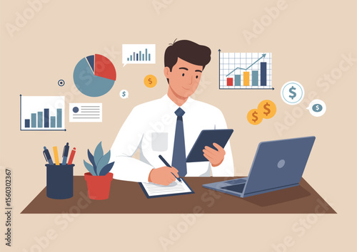 Businessman and woman cartoon characters illustrate the concept of people working on laptops at an office desk, showcasing technology and networking success