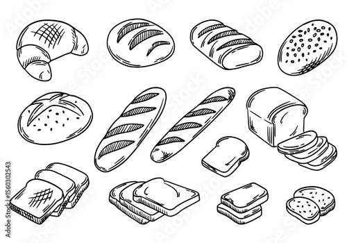 Set of different breads. Loaf, baguette, croissant, round bread, toast bread. Fresh bread hand drawn sketch. Vector illustration
