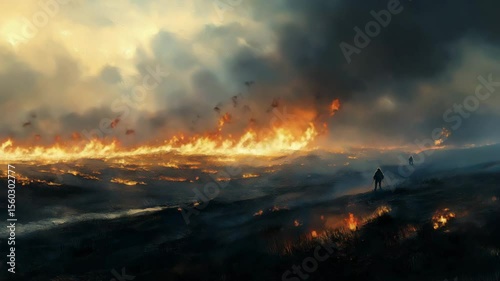 A dramatic landscape shows a wildfire burning across a hilly terrain. Dark smoke billows into the sky, while flames consume the dry grass.
