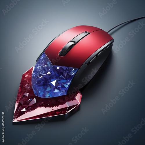 Black wireless optical computer mouse on a red background with a scroll wheel, an essential technology device for business and internet input