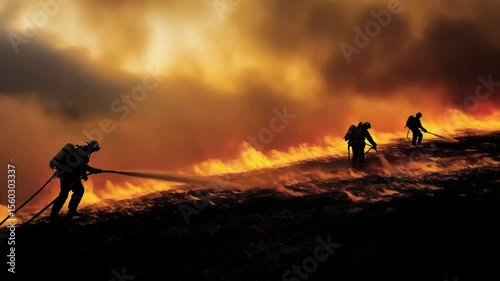Firefighters battling a wildfire in a dramatic landscape. Smoke and flames create an intense atmosphere. Three individuals are actively engaged in firefighting efforts.