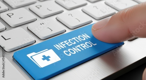 Finger Pressing Blue Infection Control Button on Modern Digital Keyboard for Healthcare Security
