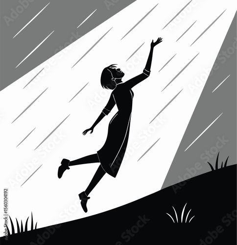 Silhouette vector illustrations of people in action: a girl on a swing, a girl snowboarding, a woman jumping, and dancers having fun