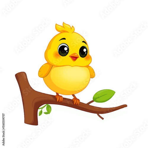 Cute cartoon yellow chick sitting on a tree branch isolated on white background