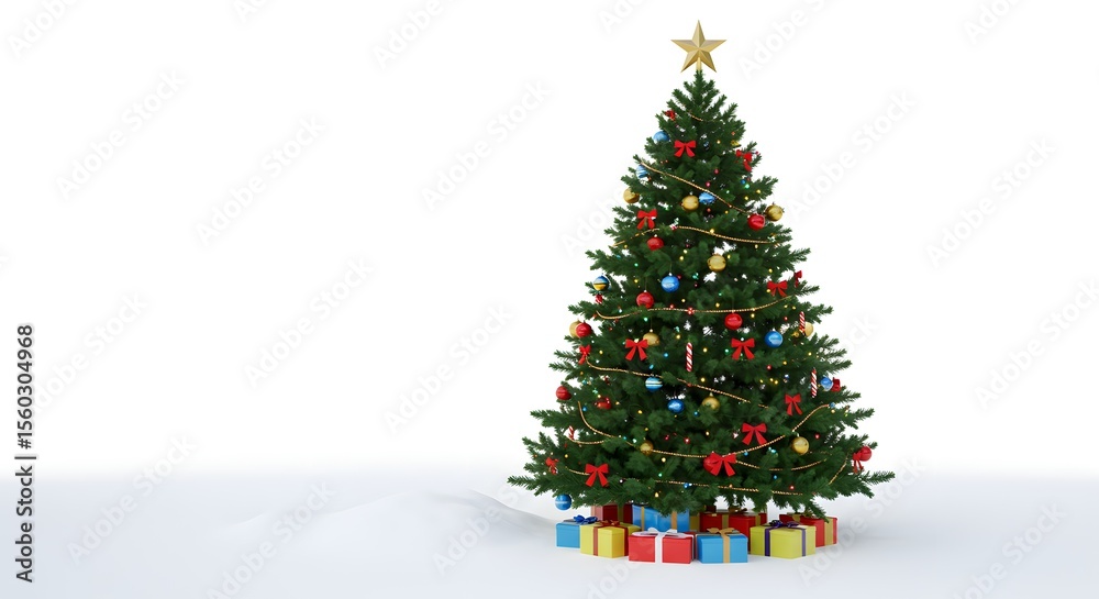 Fototapeta premium Festive Decorated Christmas Tree with Gifts in Snow