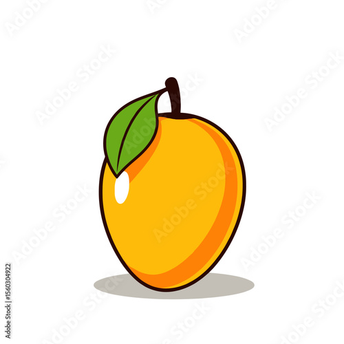 Cartoon mango fruit with green leaf isolated on white background