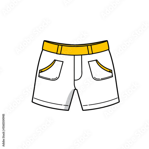 Cartoon illustration of white shorts with yellow waistband and pocket trim isolated on white background