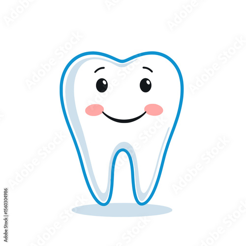 Happy cartoon tooth character smiling with rosy cheeks isolated on white background