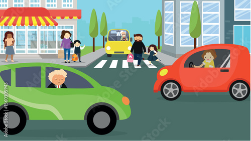 People and cars in the street. Vector illustration in flat style.