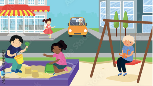 Children playing in the playground. Vector illustration in flat design style.